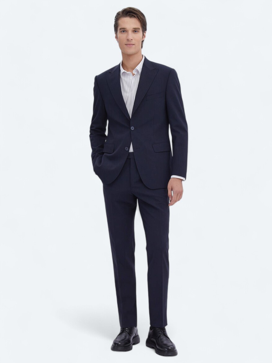 Navy Blue Micro Regular Fit Recycled Wool Blended Suit - 1