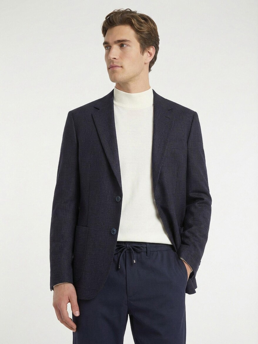 Navy Blue Patterned Modern Fit Wool Blended Jacket - 1