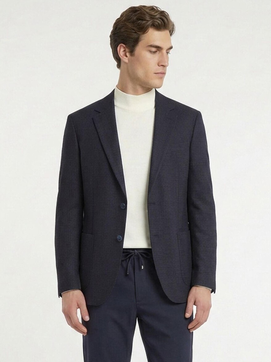 Navy Blue Patterned Modern Fit Wool Blended Jacket - 4