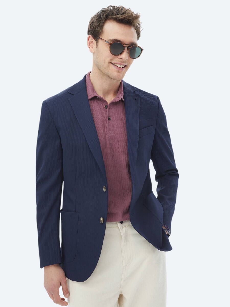 Navy Blue Patterned Regular Fit Jacket - 1