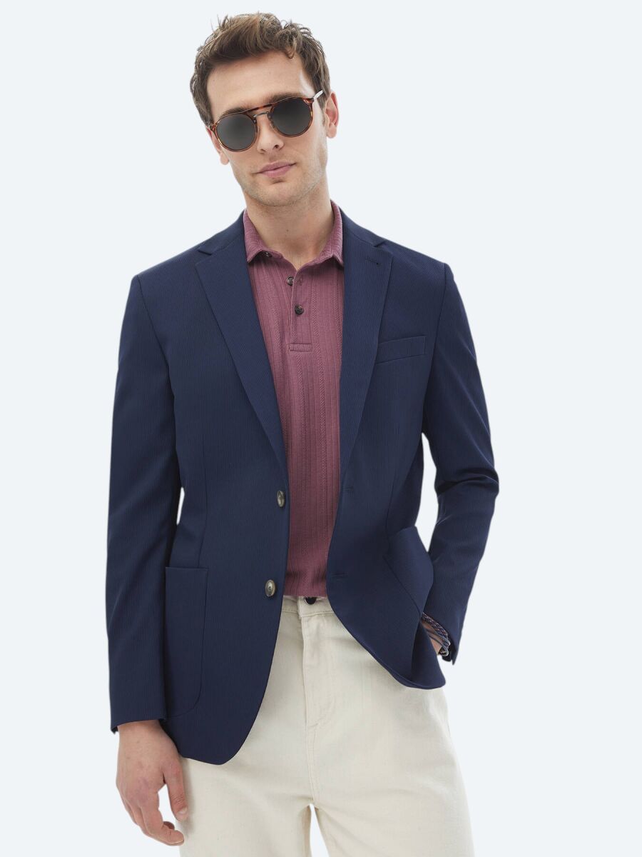 Navy Blue Patterned Regular Fit Jacket - 3