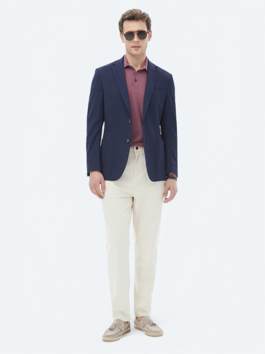 Navy Blue Patterned Regular Fit Jacket - 4