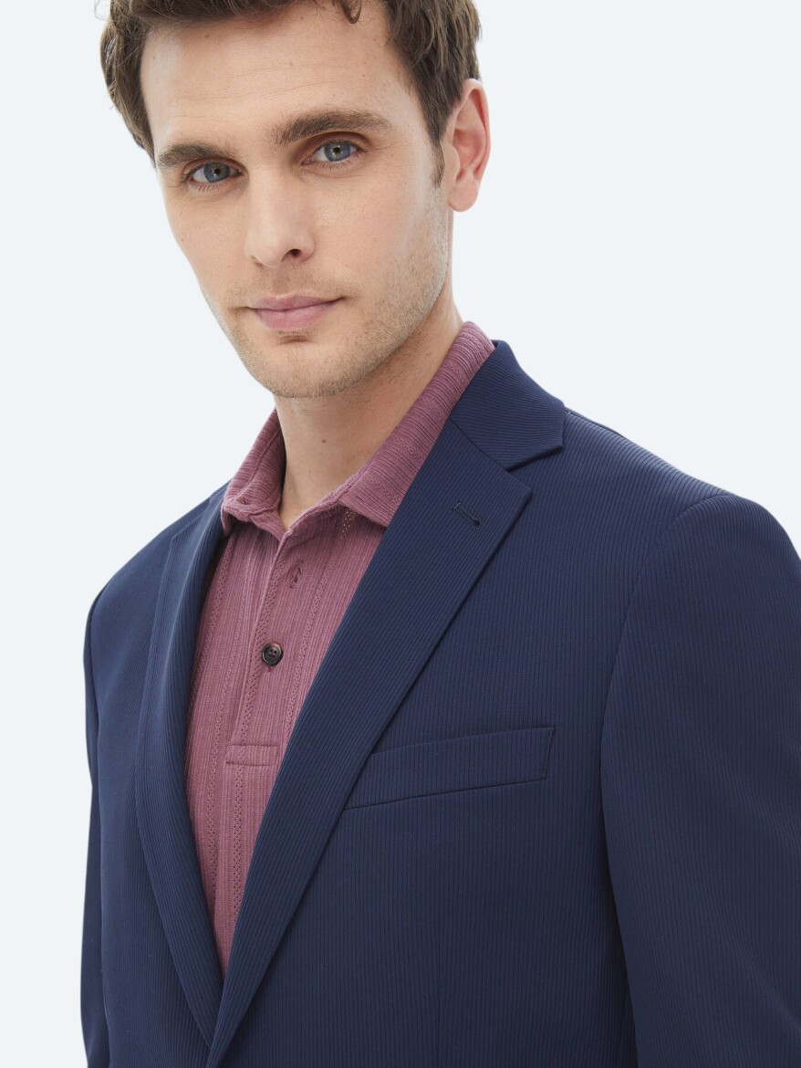 Navy Blue Patterned Regular Fit Jacket - 5