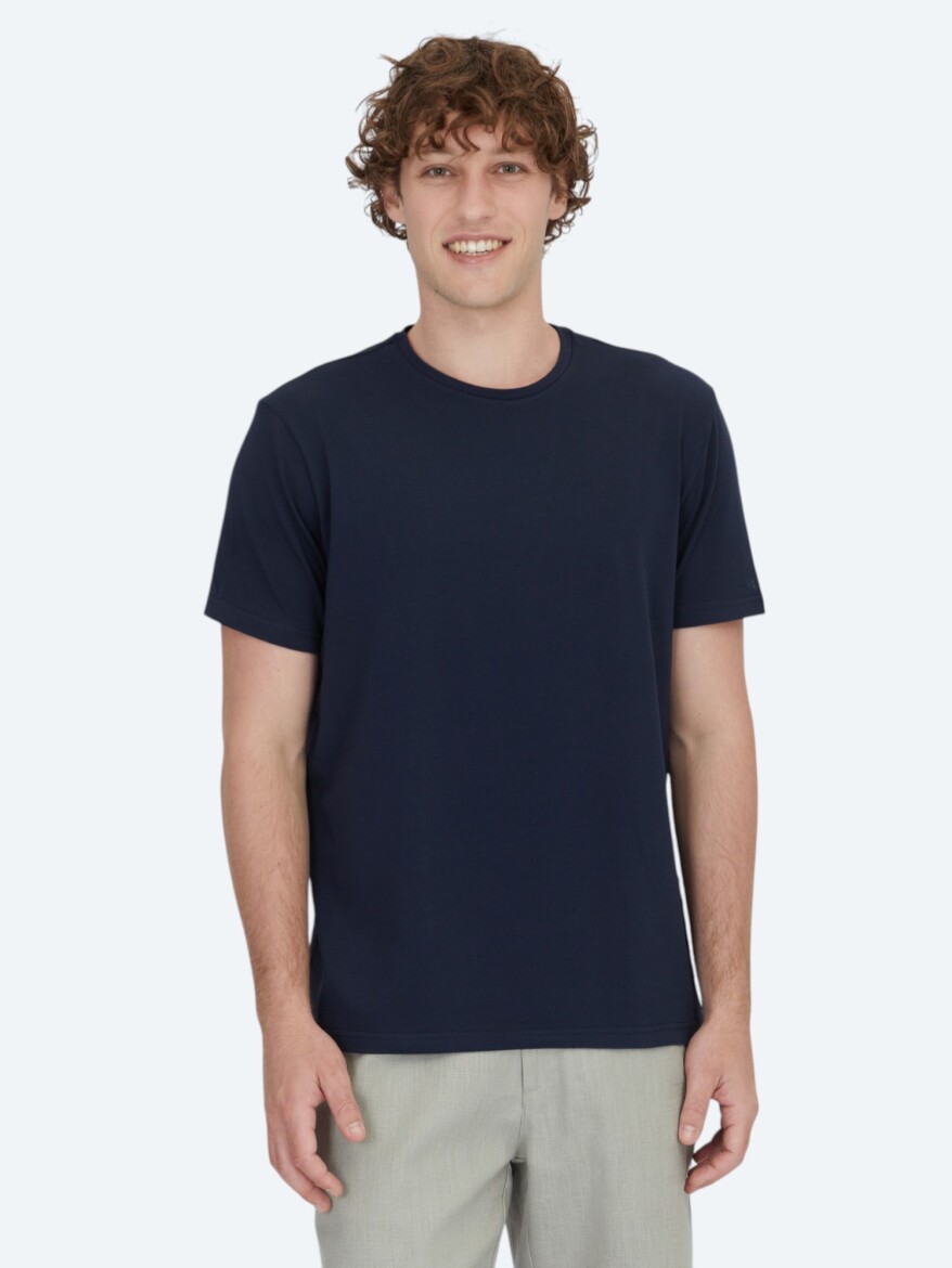 Navy Blue Plain Crew Neck Cotton Blended T-Shirt - KİP