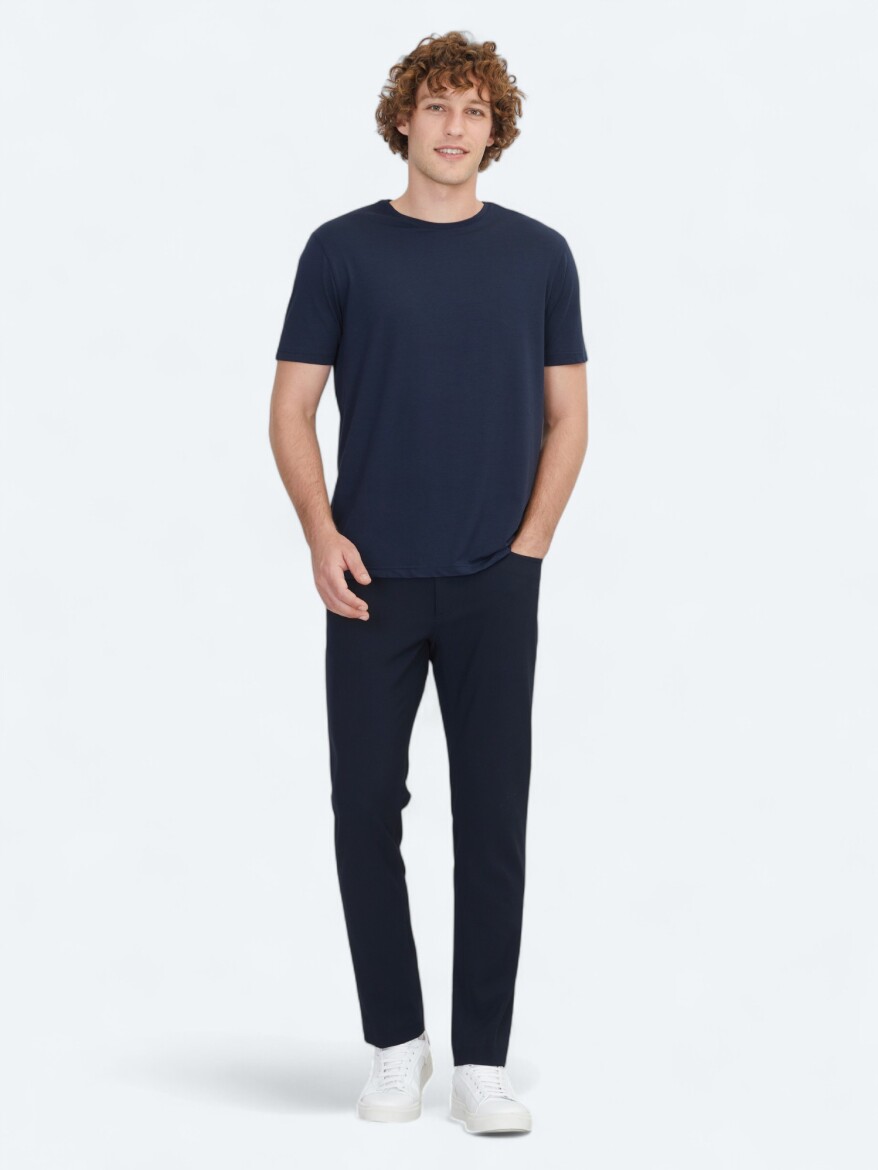 Navy Blue Plain Crew Neck Cotton Blended T-Shirt - KİP