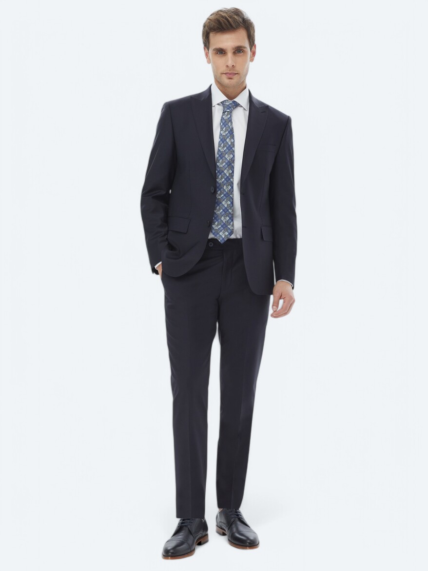 Navy Blue Plain Modern Fit Wool Blended Suit - 2