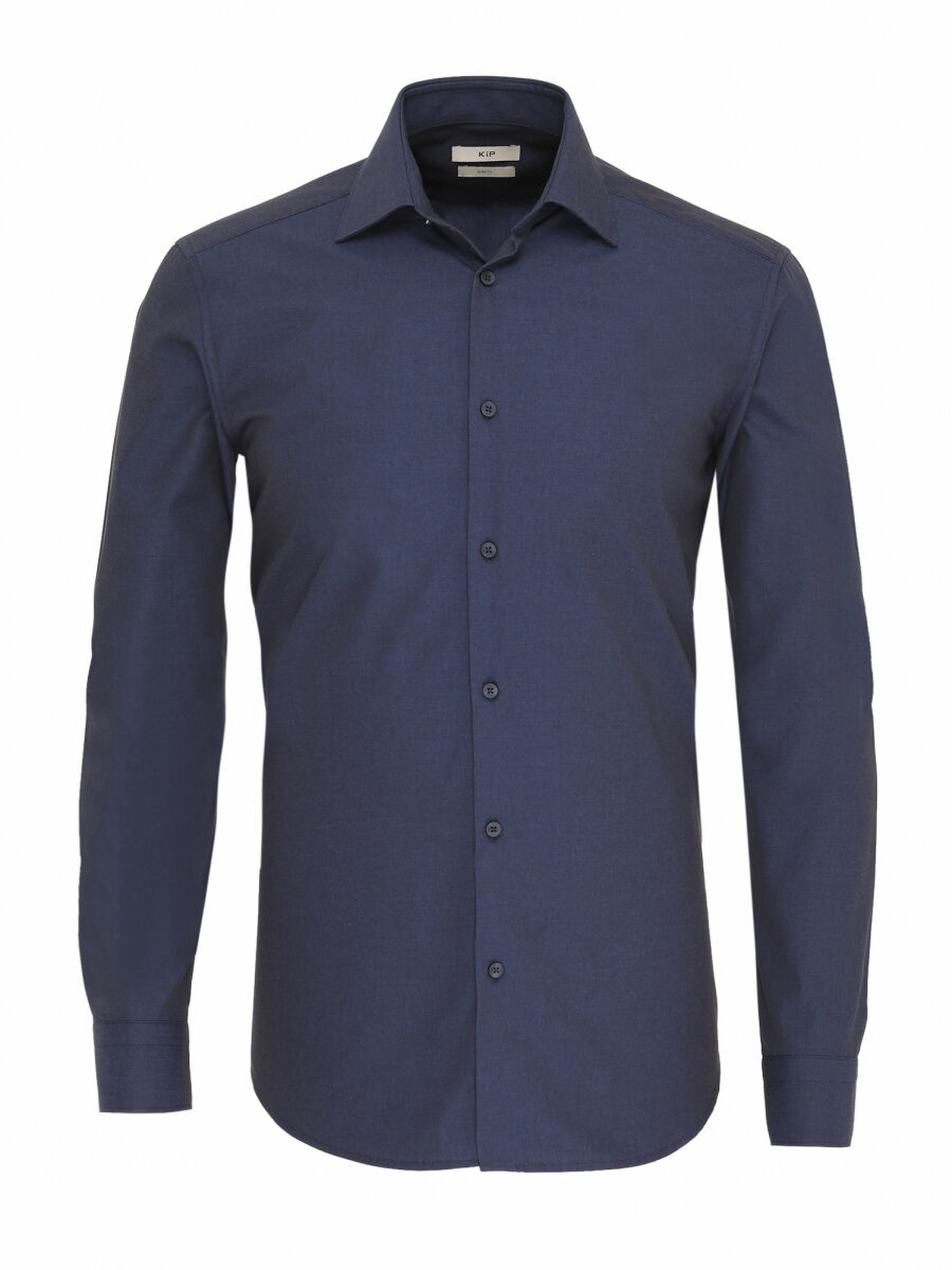 Navy Blue Plain Slim Fit Weaving Classical Cotton Blended Shirt - 1