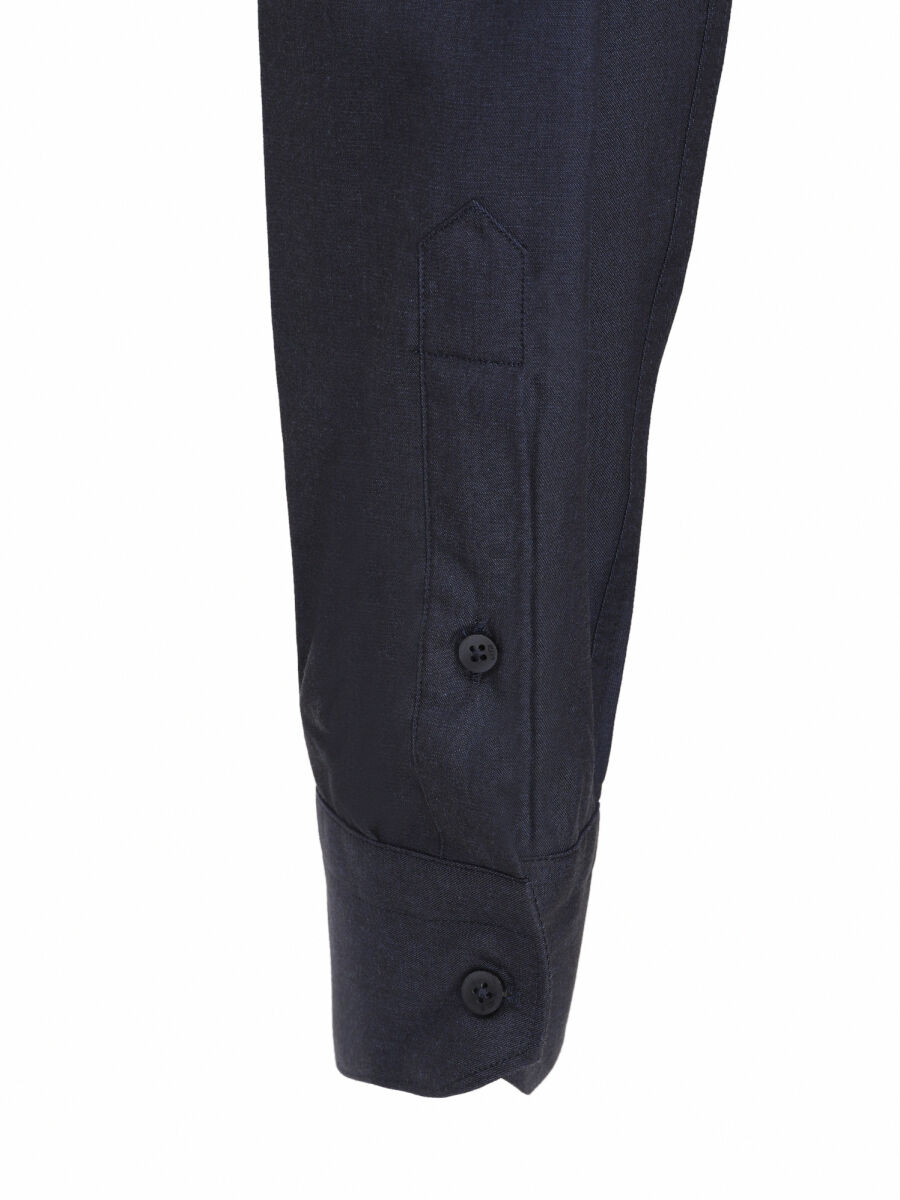 Navy Blue Plain Slim Fit Weaving Classical Cotton Blended Shirt - 2