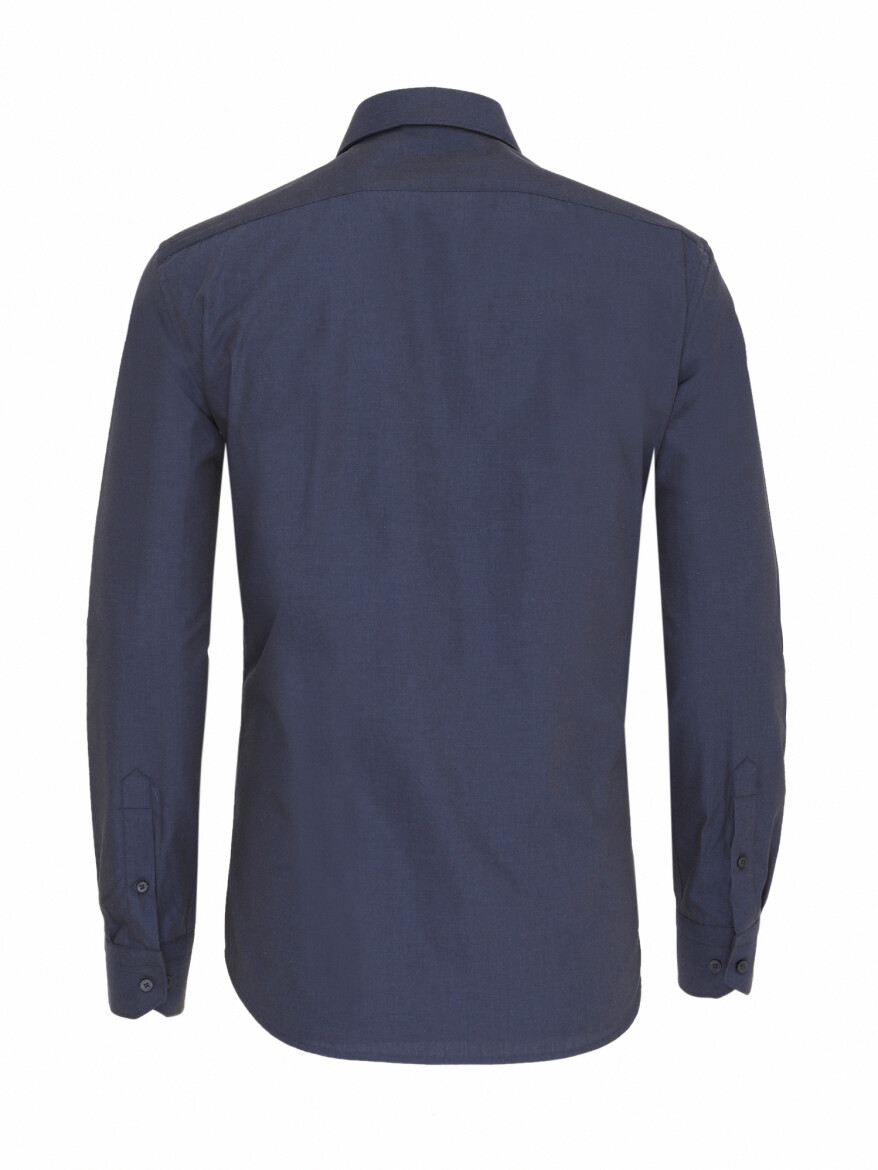 Navy Blue Plain Slim Fit Weaving Classical Cotton Blended Shirt - 3