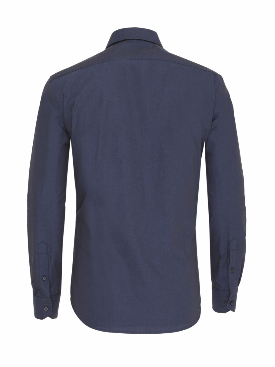 Navy Blue Plain Slim Fit Weaving Classical Cotton Blended Shirt - 3