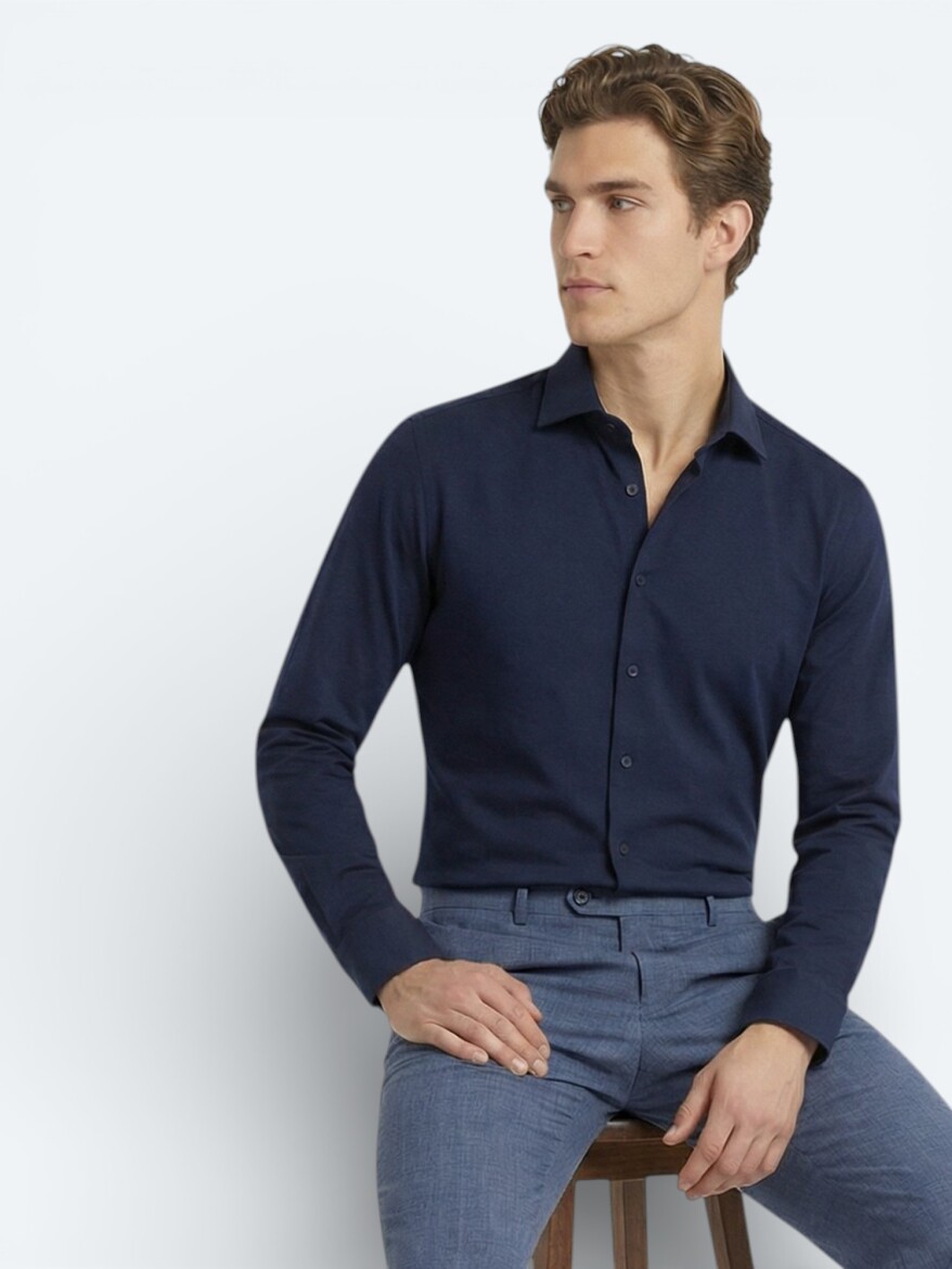 Navy Blue Plain Slim Fit Weaving Classical Cotton Blended Shirt 