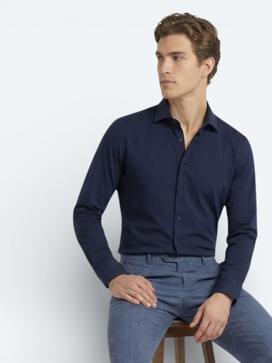 Navy Blue Plain Slim Fit Weaving Classical Cotton Blended Shirt - 2