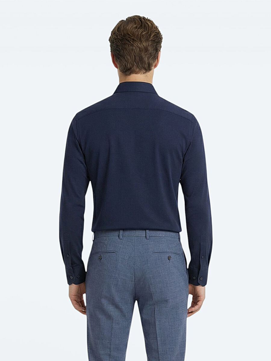 Navy Blue Plain Slim Fit Weaving Classical Cotton Blended Shirt - 4