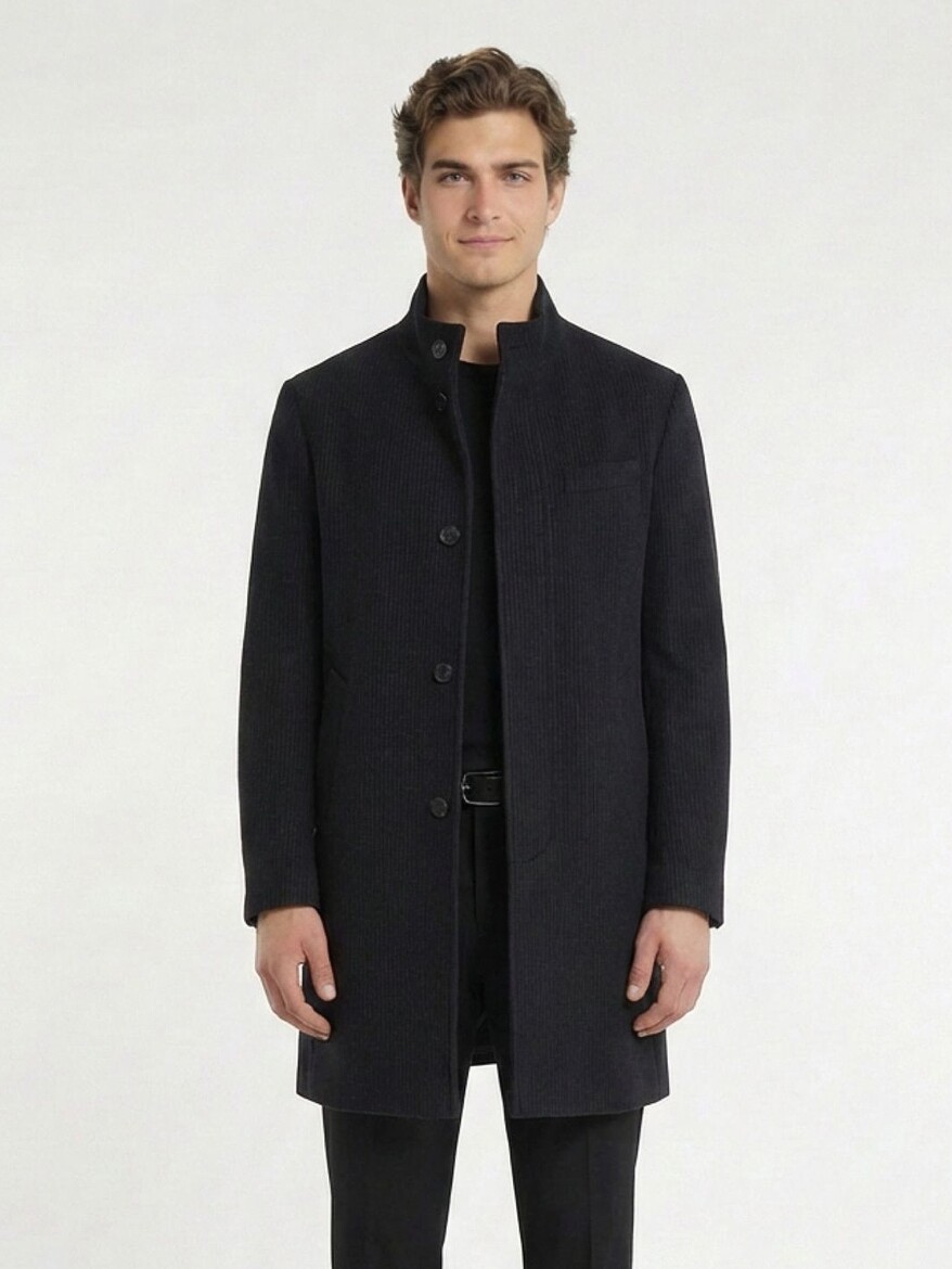 Navy Blue Regular Fit Classical Weaving Overcoat - 3
