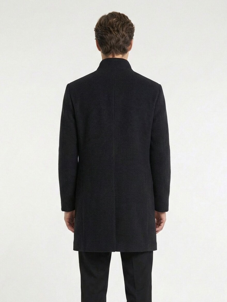 Navy Blue Regular Fit Classical Weaving Overcoat - 5