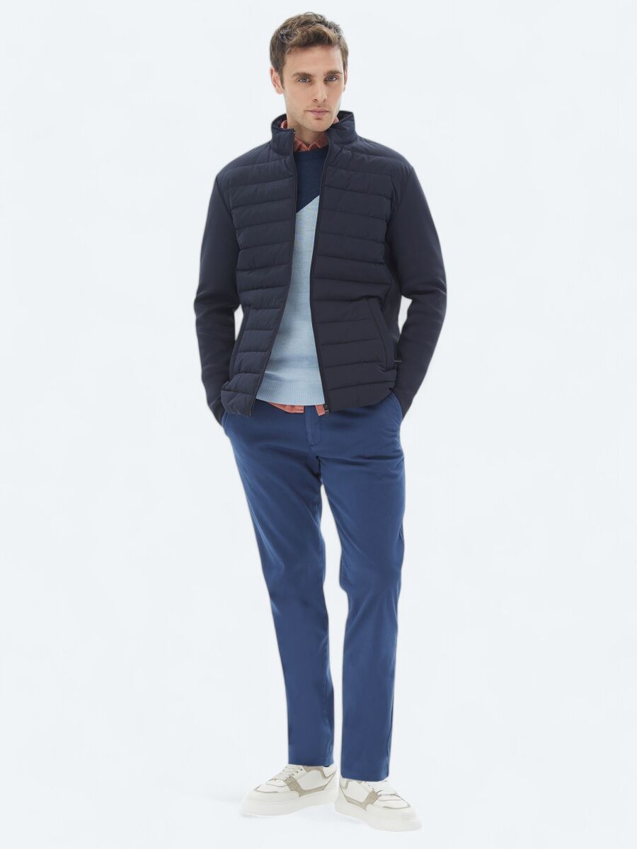 Navy Blue Regular Fit Turtleneck Casual Weaving Coat - 2