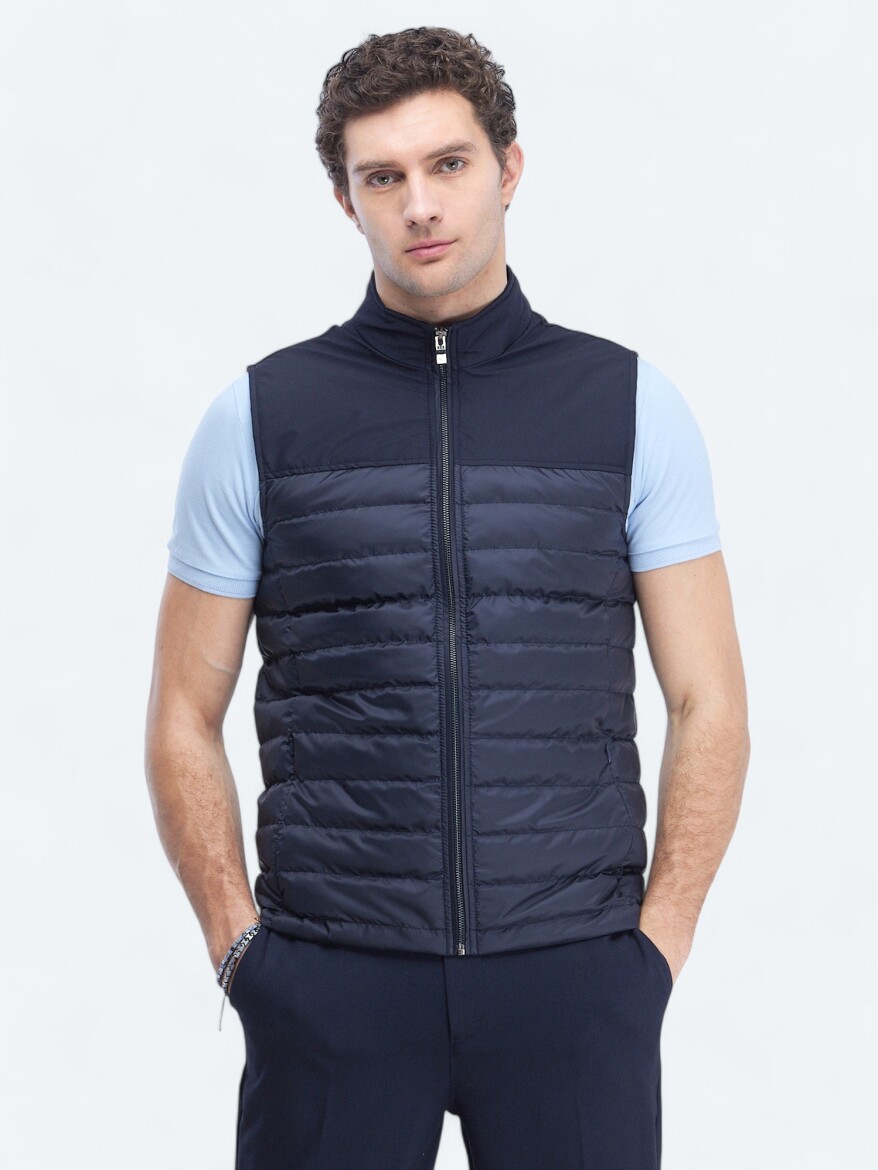 Navy Blue Regular Fit Turtleneck Casual Weaving Puffer Vest - 1