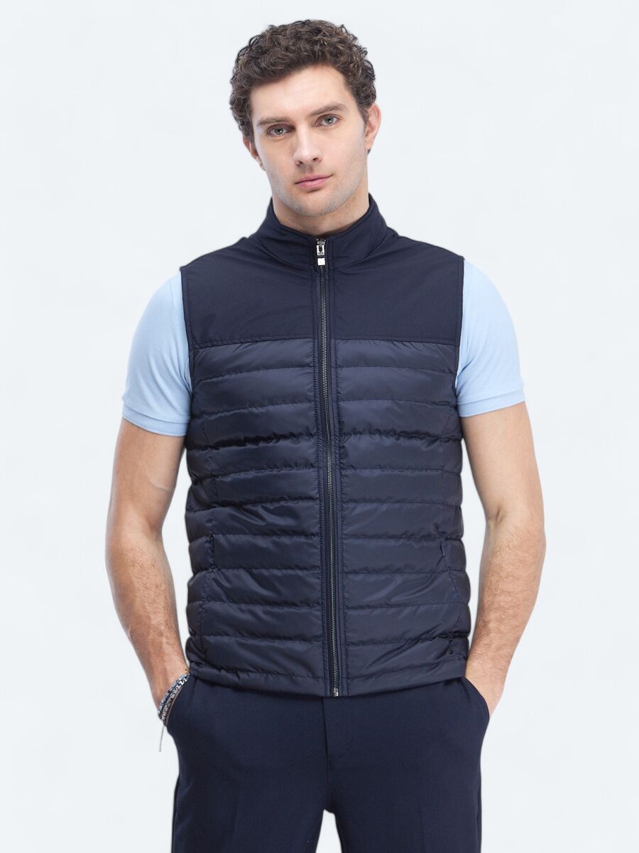 Navy Blue Regular Fit Turtleneck Casual Weaving Puffer Vest - 1