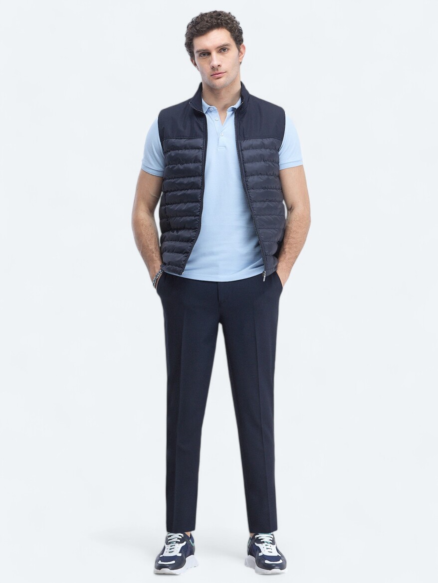 Navy Blue Regular Fit Turtleneck Casual Weaving Puffer Vest - 2