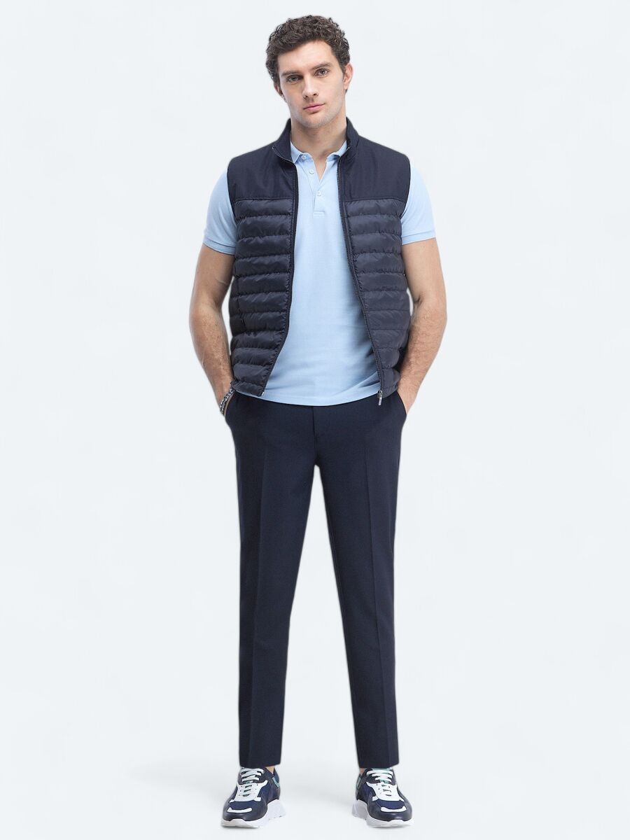 Navy Blue Regular Fit Turtleneck Casual Weaving Puffer Vest - 2