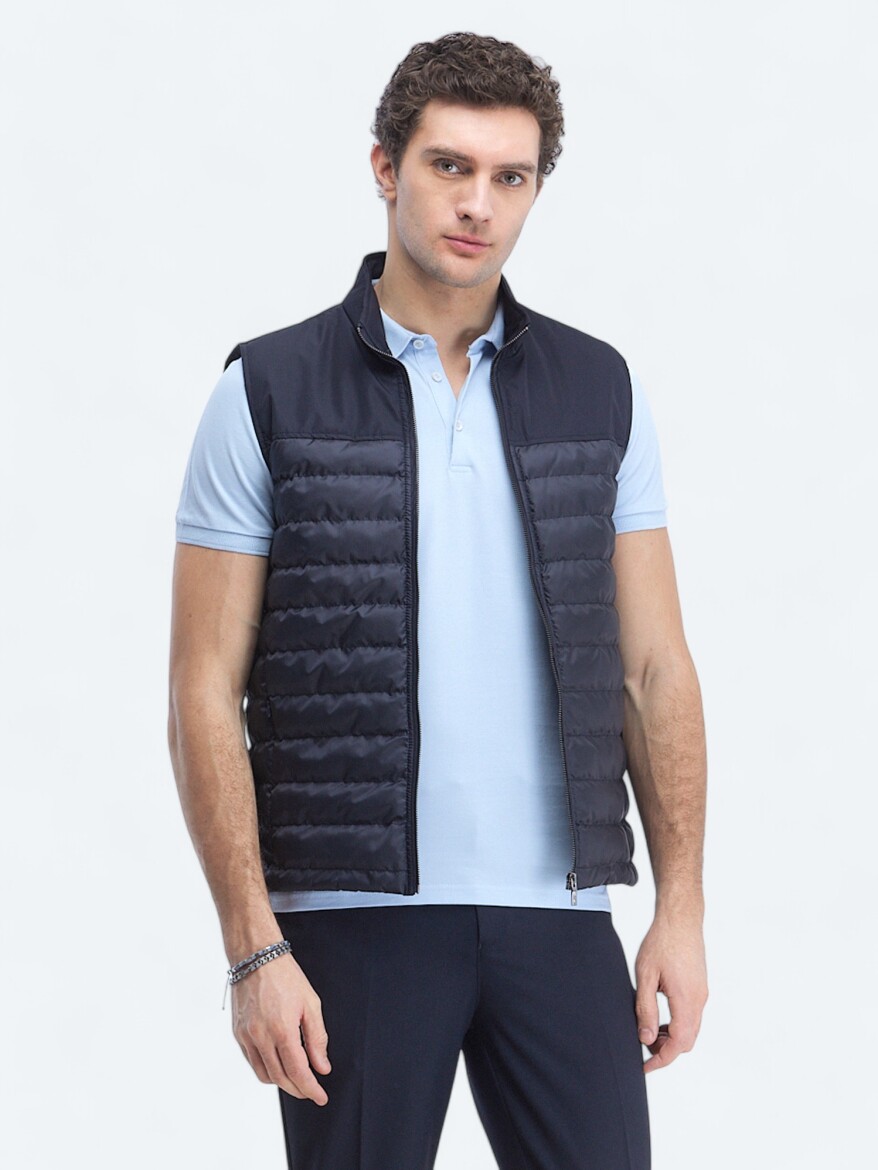 Navy Blue Regular Fit Turtleneck Casual Weaving Puffer Vest - 3