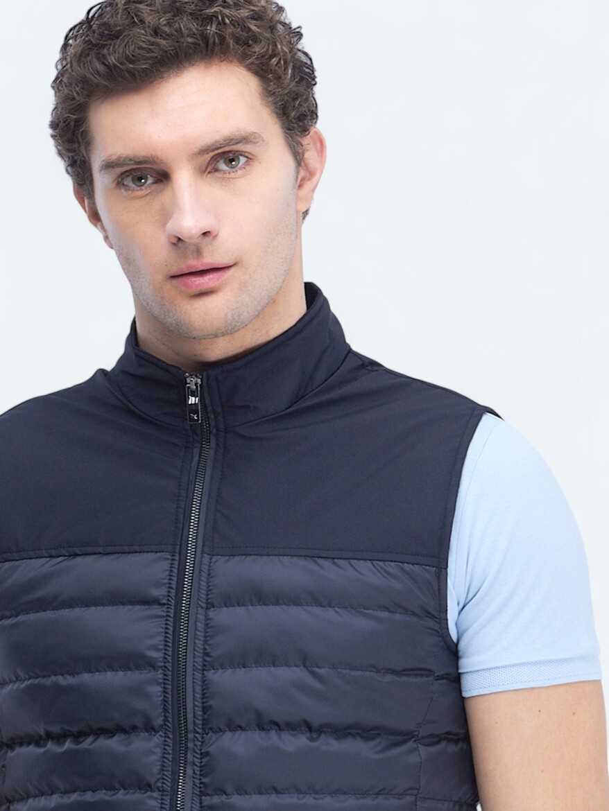 Navy Blue Regular Fit Turtleneck Casual Weaving Puffer Vest - 4