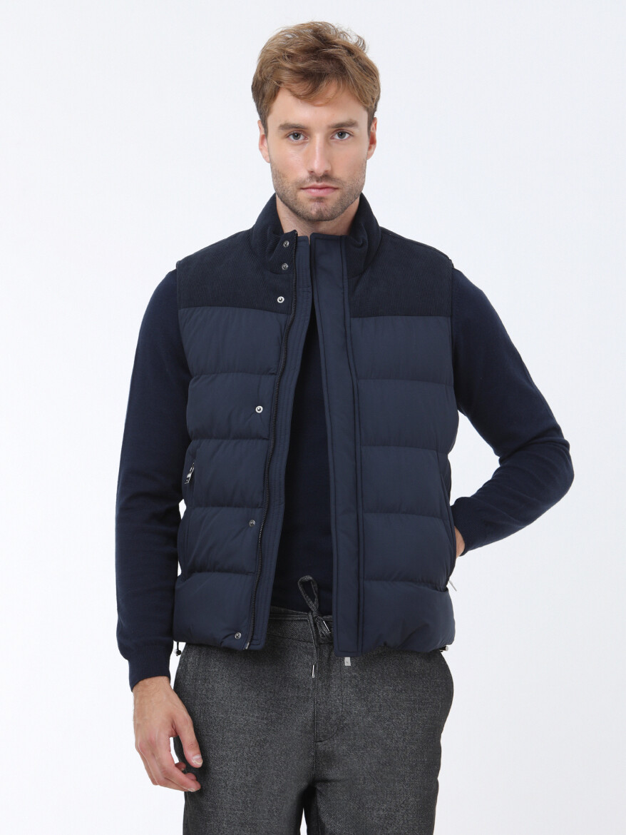 Navy Blue Regular Fit Turtleneck Casual Weaving Puffer Vest - 1