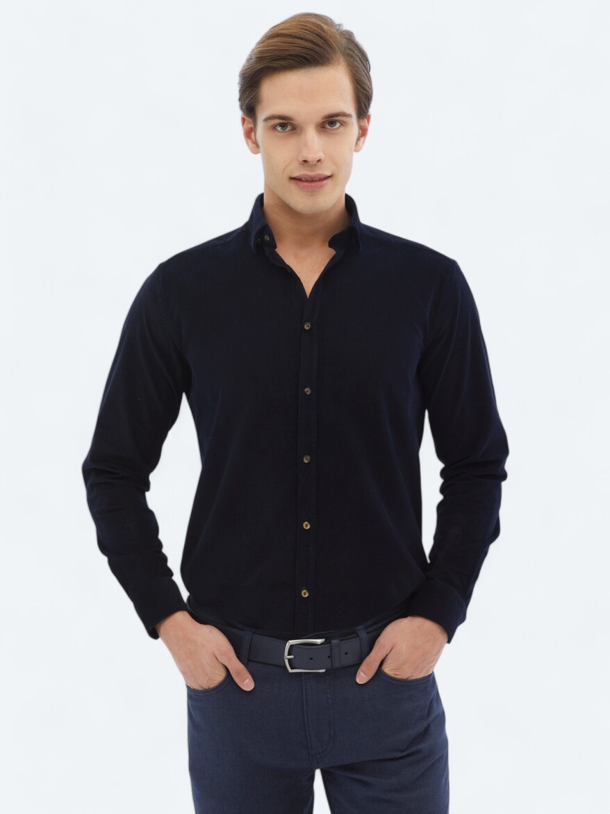 Navy Blue Ribbed Regular Fit Weaving Casual 100% Cotton Shirt - 1