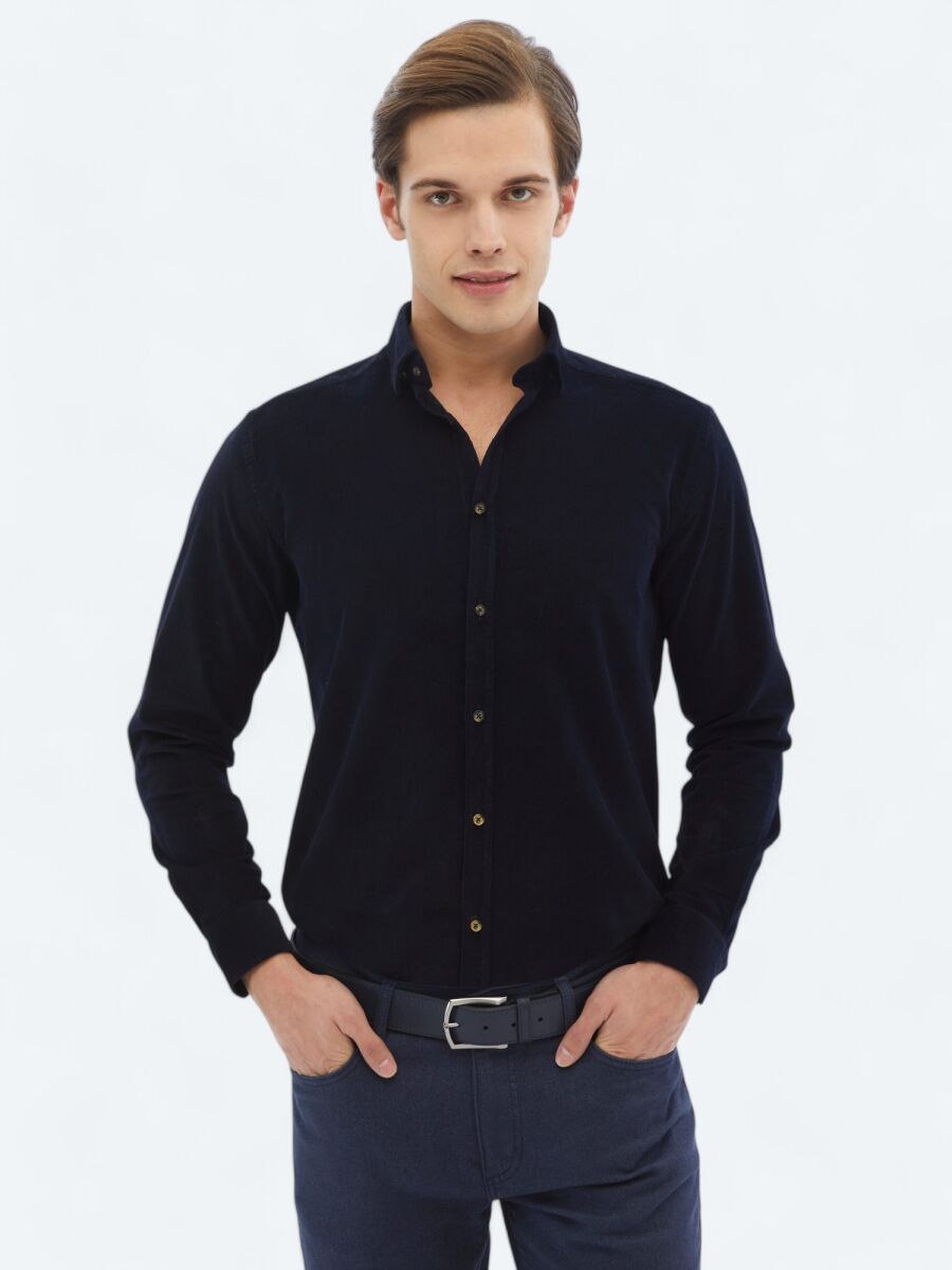 Navy Blue Ribbed Regular Fit Weaving Casual 100% Cotton Shirt - 1