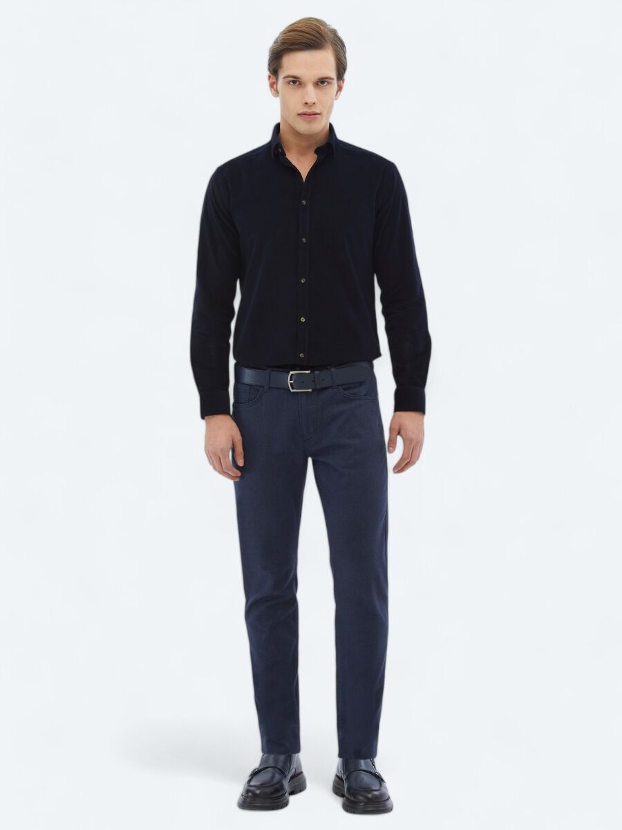 Navy Blue Ribbed Regular Fit Weaving Casual 100% Cotton Shirt - 2