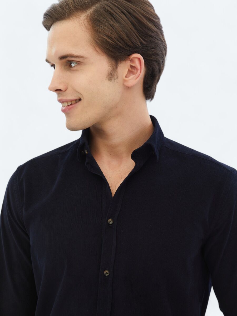 Navy Blue Ribbed Regular Fit Weaving Casual 100% Cotton Shirt - 3