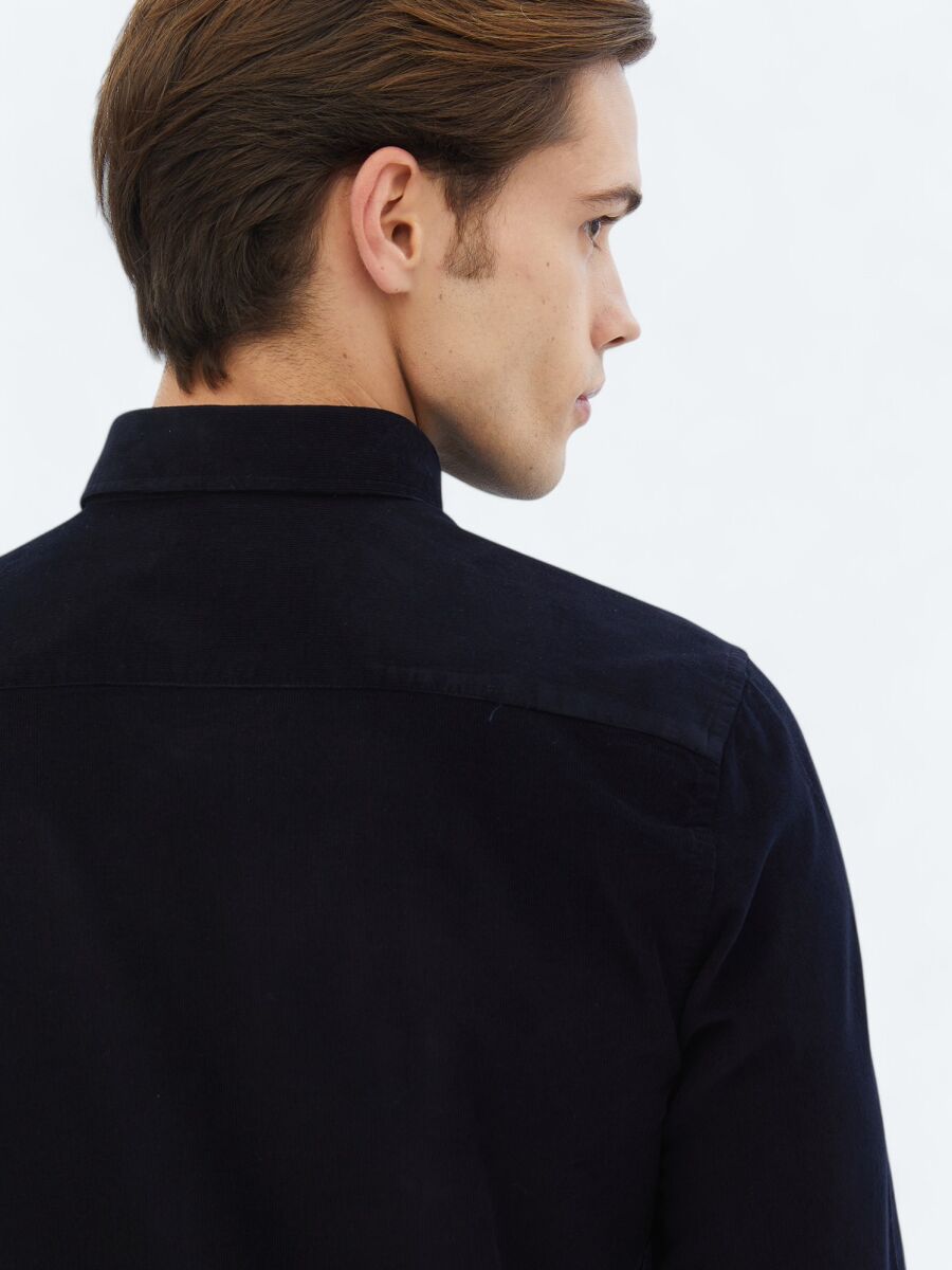 Navy Blue Ribbed Regular Fit Weaving Casual 100% Cotton Shirt - 4