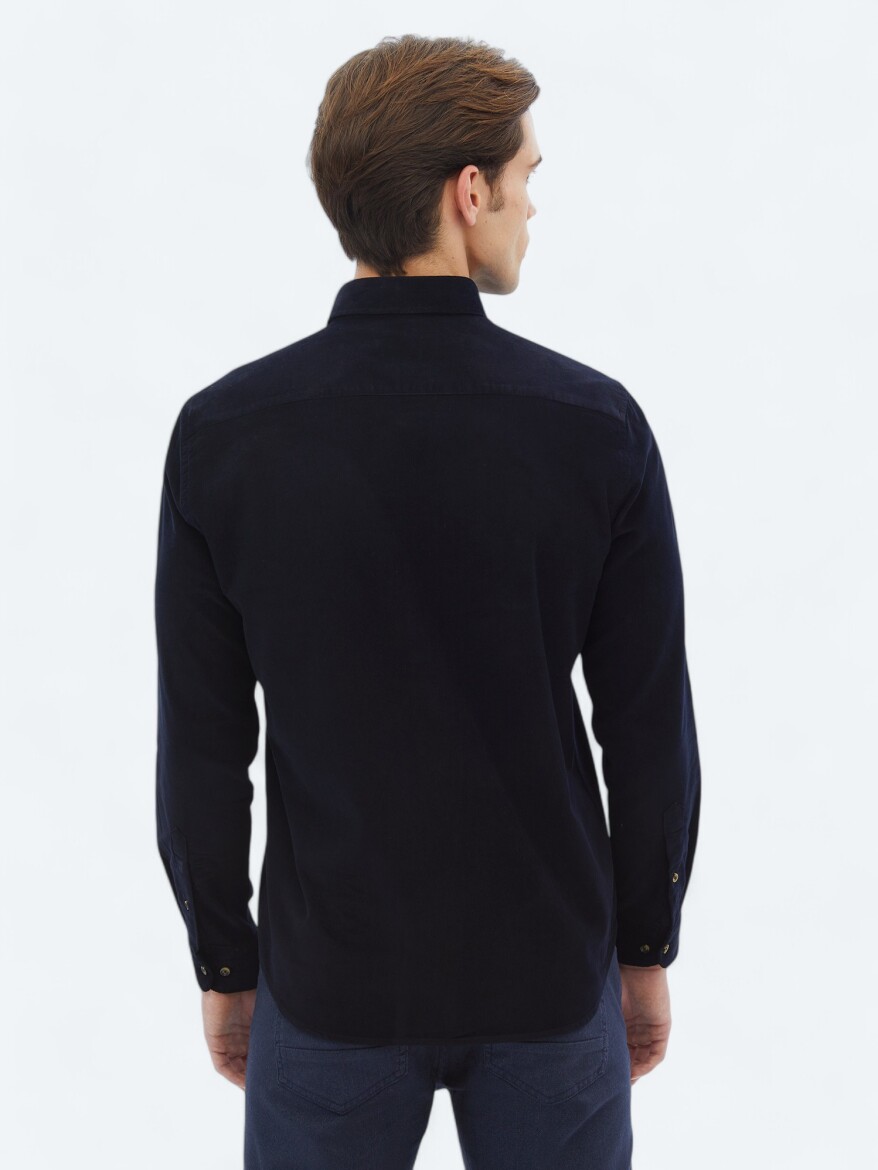 Navy Blue Ribbed Regular Fit Weaving Casual 100% Cotton Shirt - 5