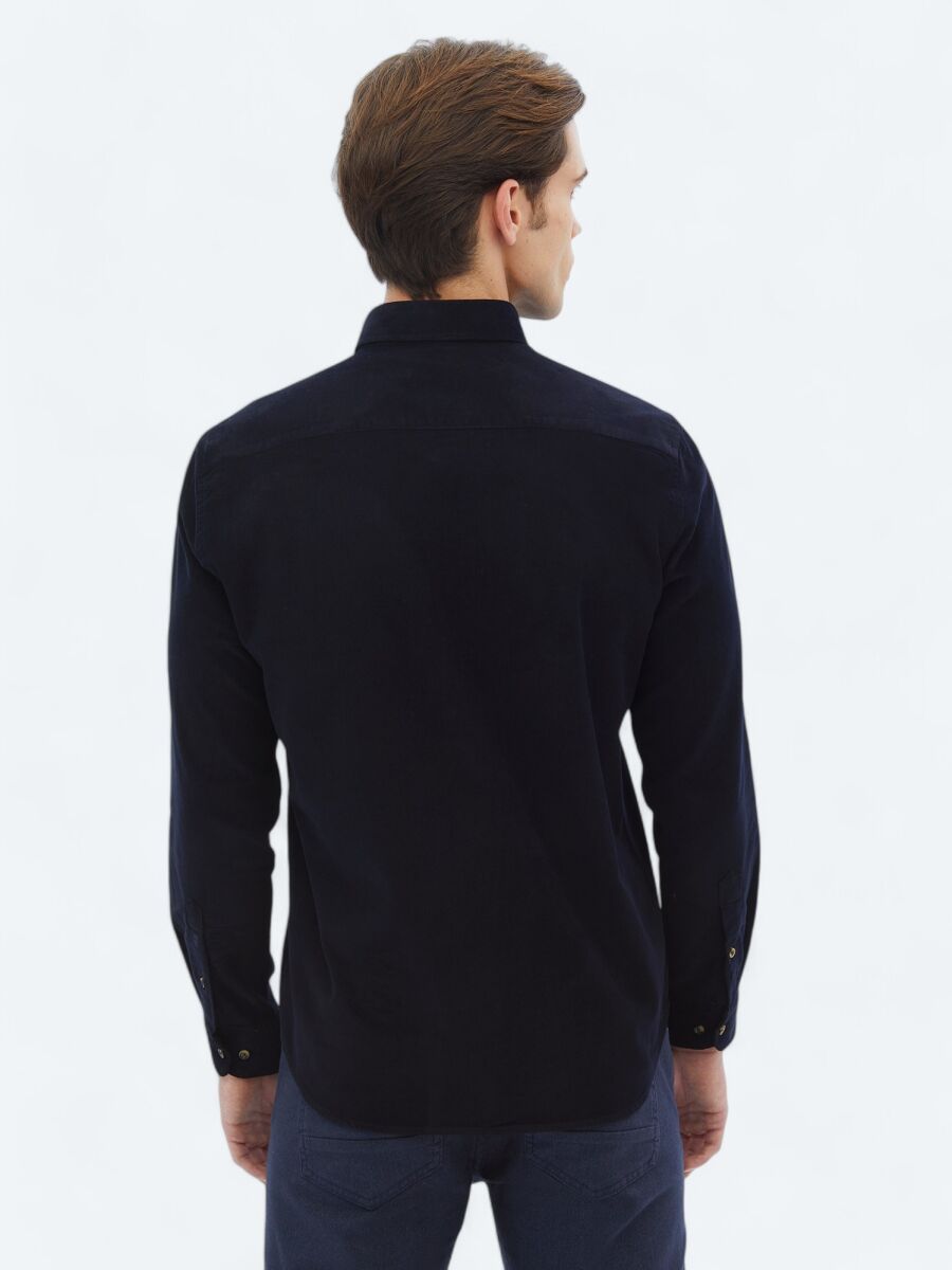 Navy Blue Ribbed Regular Fit Weaving Casual 100% Cotton Shirt - 5