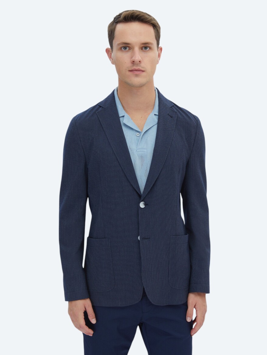 Navy Blue Striped Modern Fit Jacket - 1