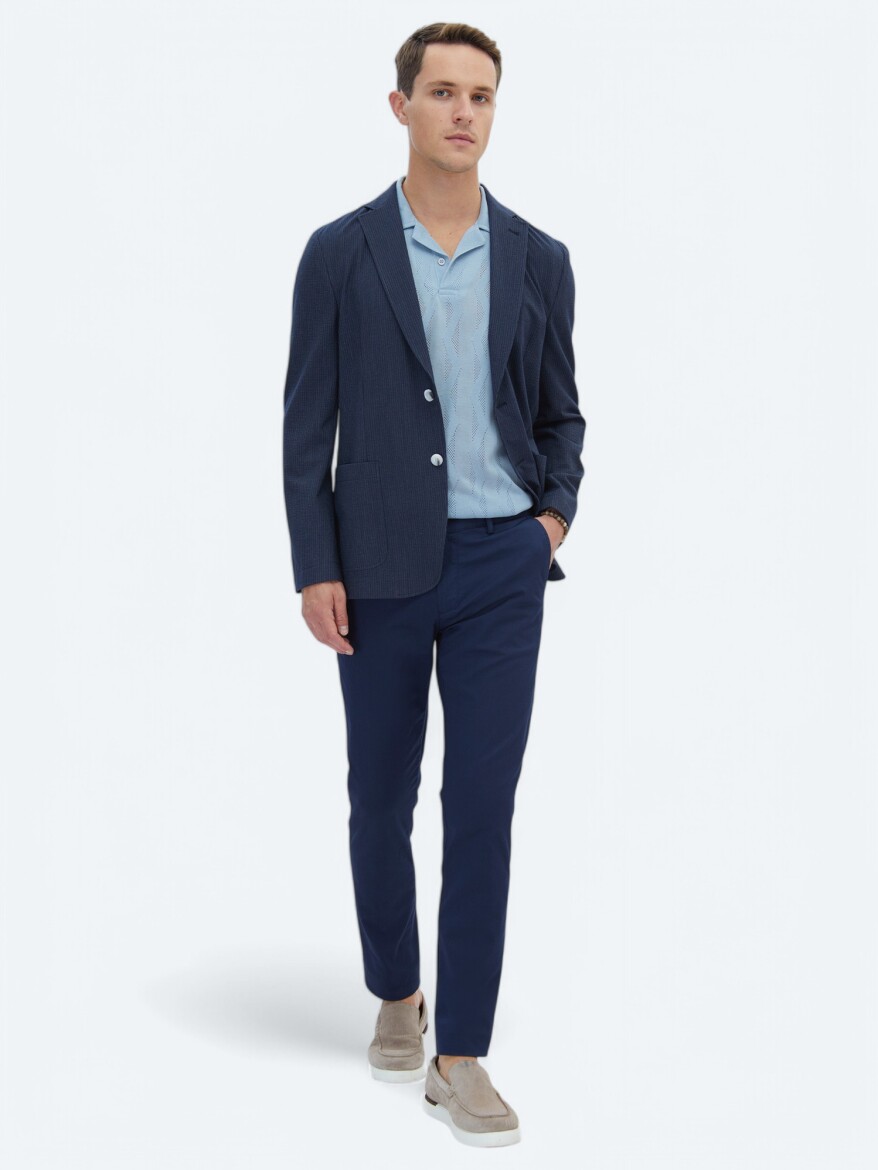 Navy Blue Striped Modern Fit Jacket - 2