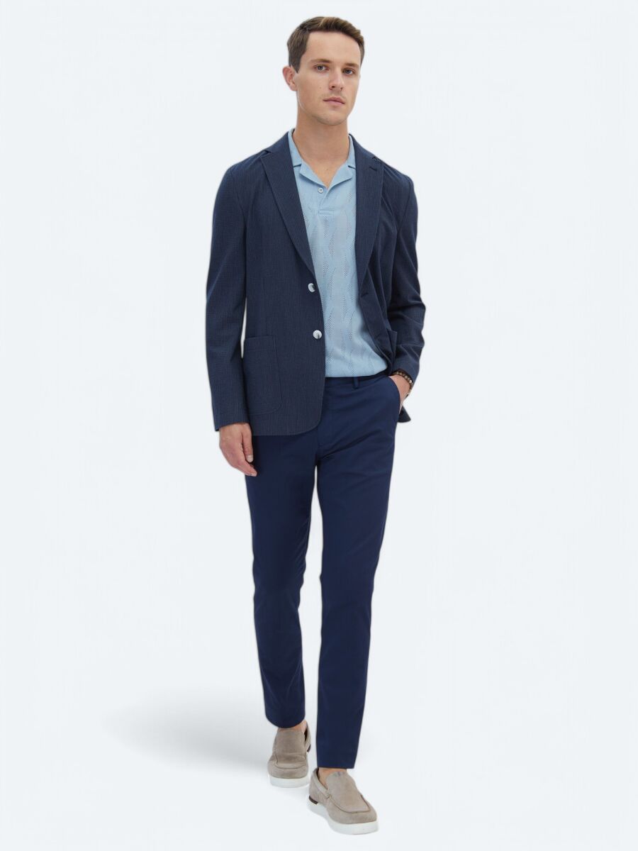 Navy Blue Striped Modern Fit Jacket - 2