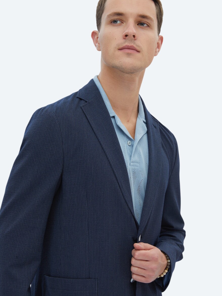 Navy Blue Striped Modern Fit Jacket - 4