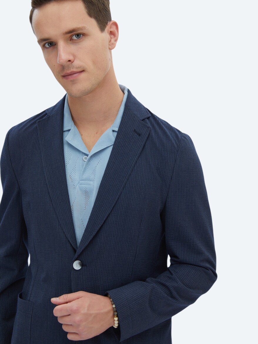 Navy Blue Striped Modern Fit Jacket - 5