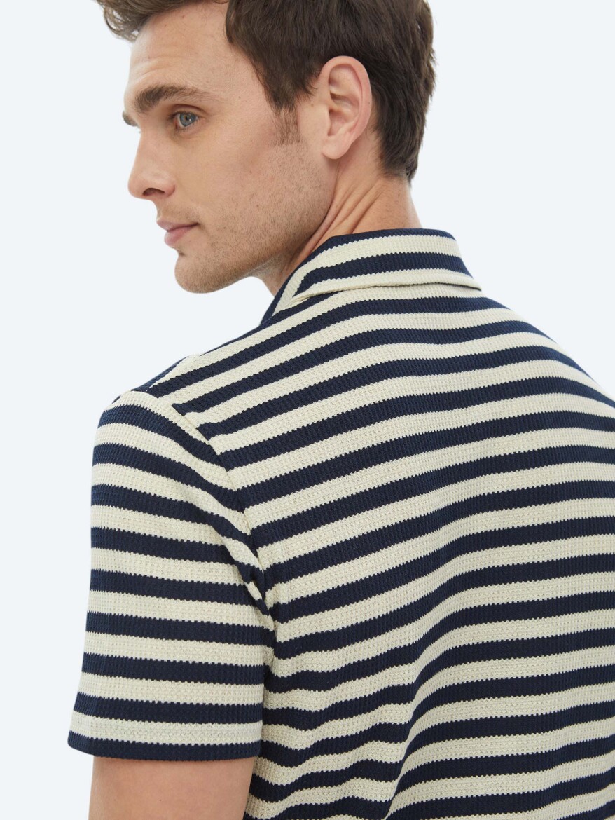 Navy Blue Striped Polo Neck T-Shirt - 5