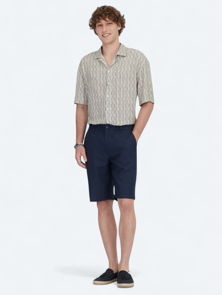 Navy Blue Weaving Jogging Fit Casual Cotton Blended Bermuda - 1