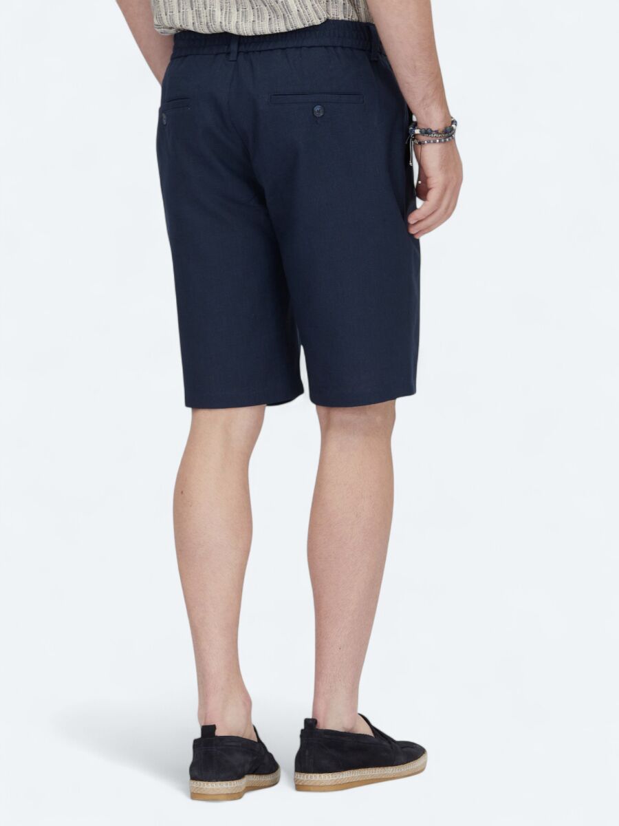 Navy Blue Weaving Jogging Fit Casual Cotton Blended Bermuda - 4