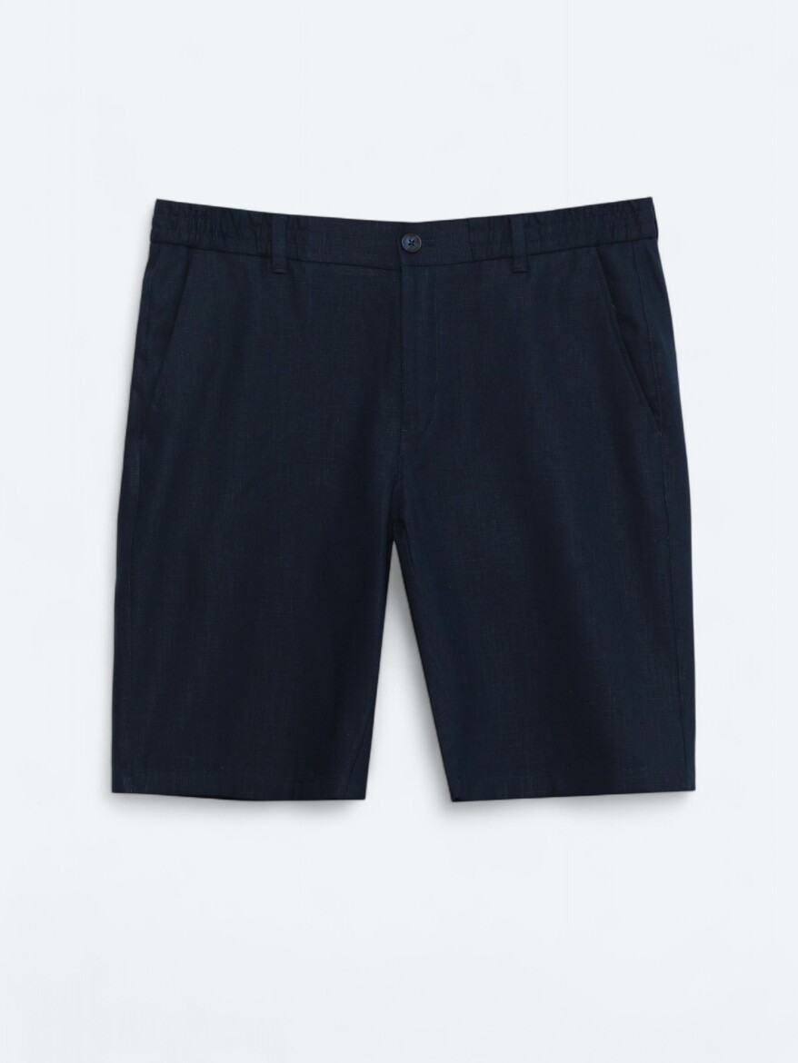 Navy Blue Weaving Jogging Fit Casual Cotton Blended Bermuda - 5