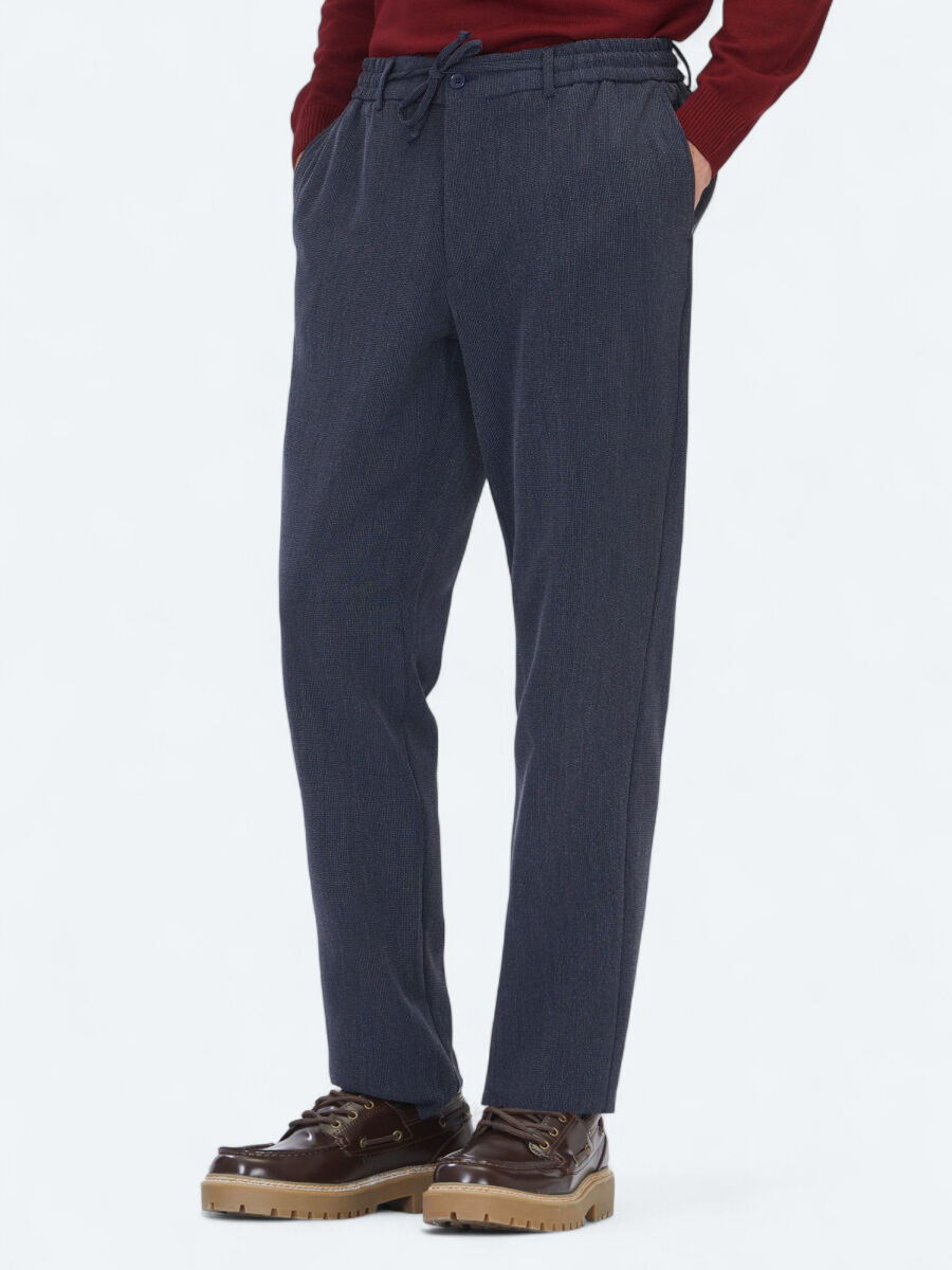 Navy Blue Weaving Jogging Fit Casual Trousers - 3