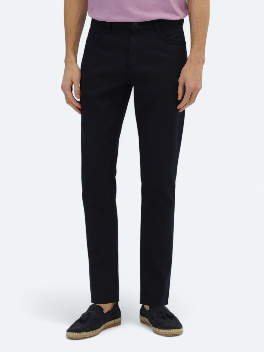 Navy Blue Weaving Regular Fit Casual Cotton Blended Trousers - KİP
