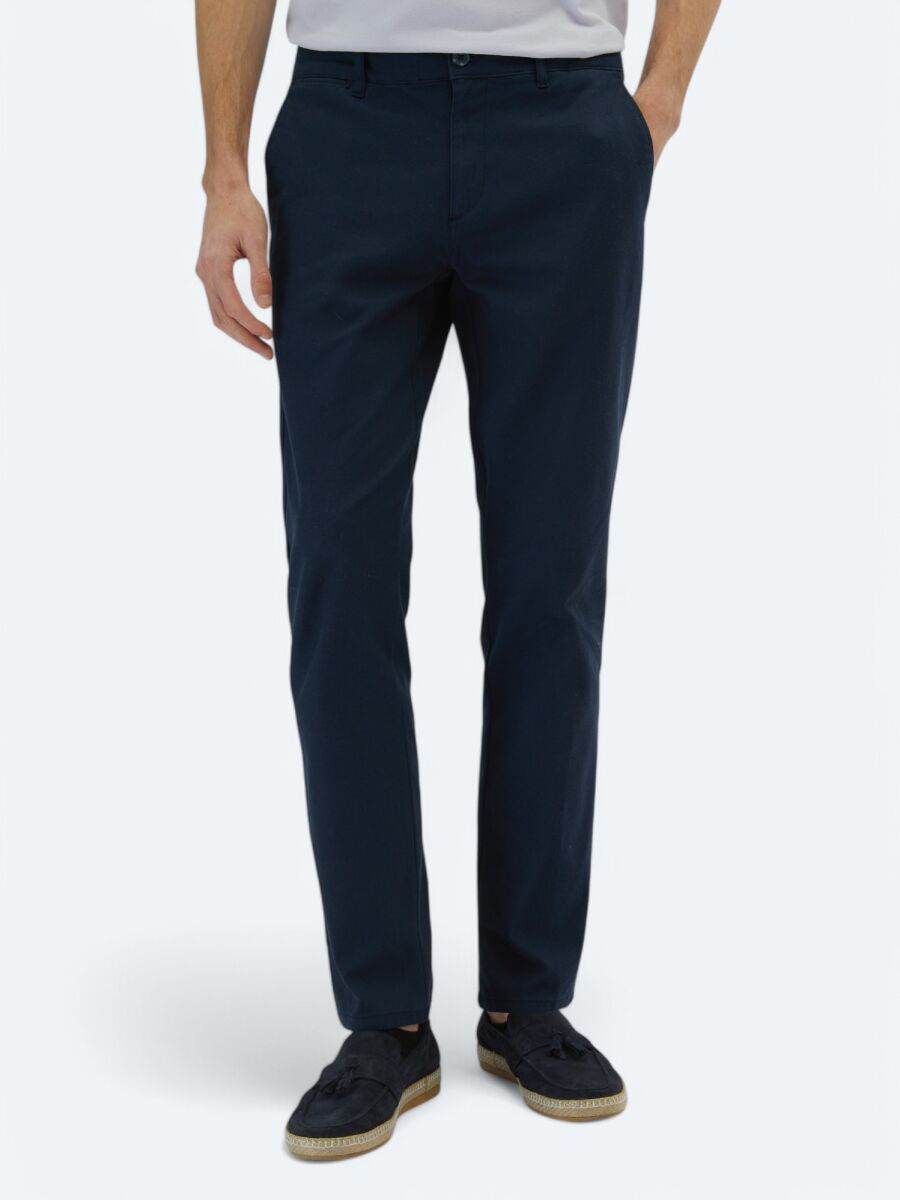 Navy Blue Weaving Regular Fit Casual Cotton Blended Trousers - 2