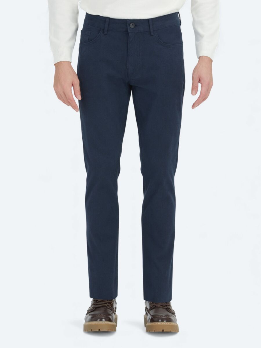 Navy Blue Weaving Slim Fit Sport Cotton Blended Trousers - 2