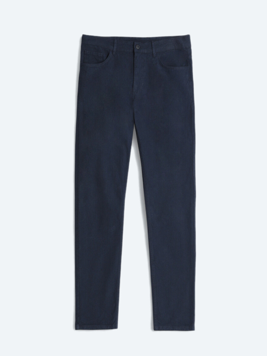 Navy Blue Weaving Slim Fit Sport Cotton Blended Trousers - 5