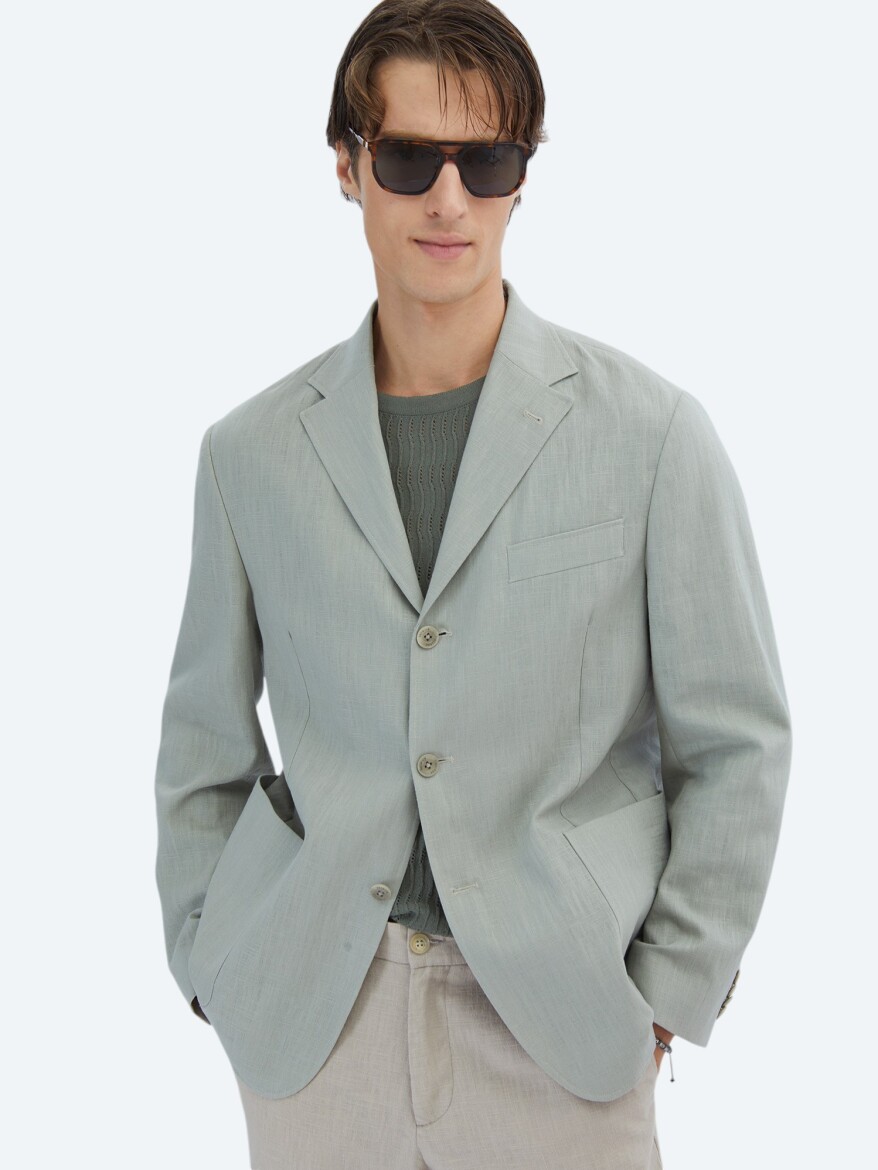 Nile Green Plain Comfort Fit Cotton Blended Jacket - 1