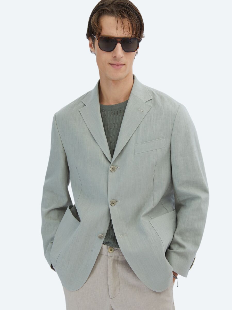 Nile Green Plain Comfort Fit Cotton Blended Jacket - 1